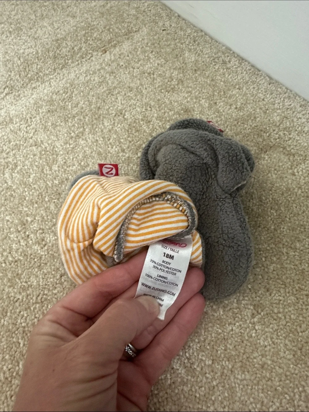Zutano Bright gray with orange stripes booties 18 mo